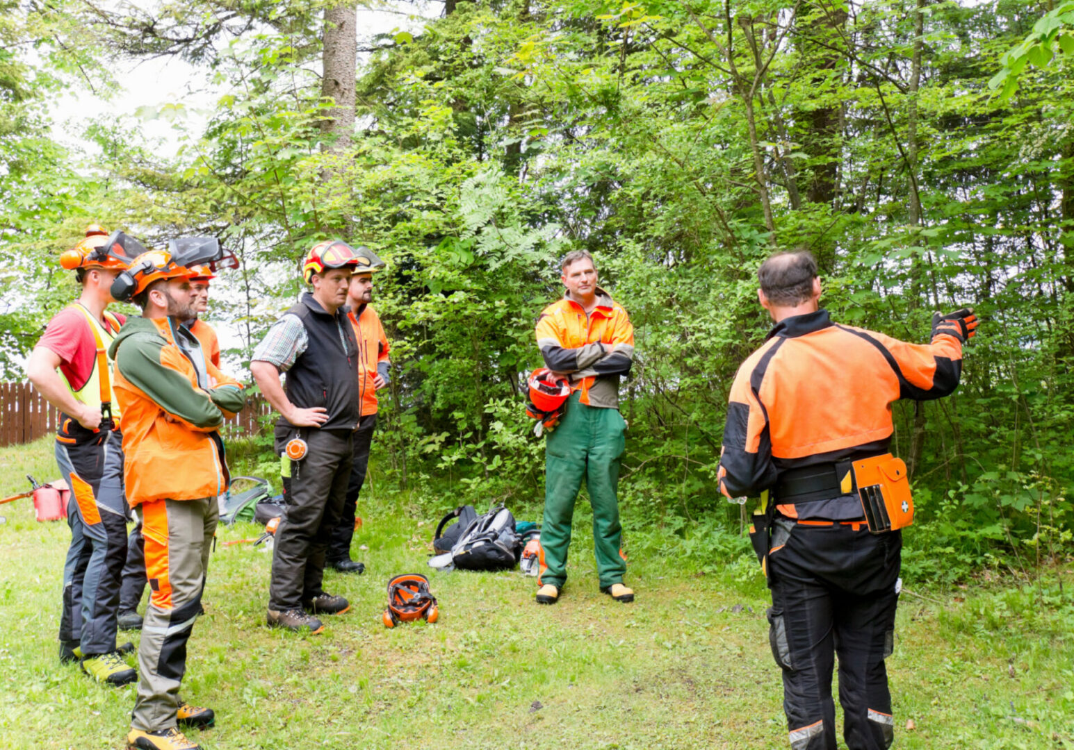 Workers receiving outdoor safety training in forest.